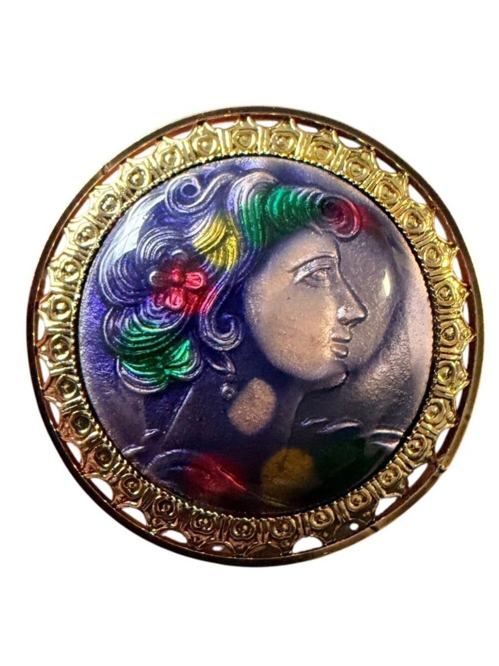 Vintage 1950s Reverse Carved Lucite Renaissance Lady Brooch New Old Stock